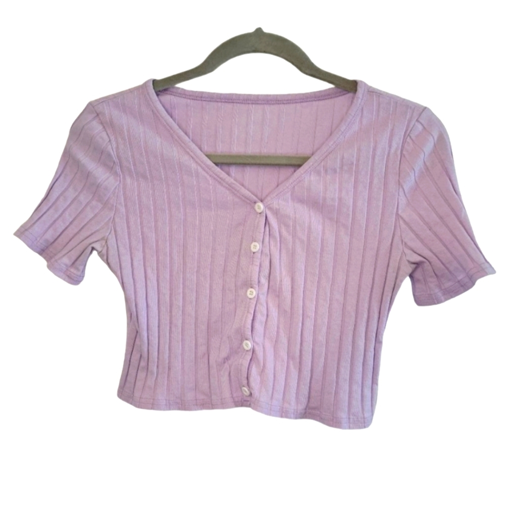 ROMWE Purple Ribbed Knit Crop Top Henley with Buttons Size Large